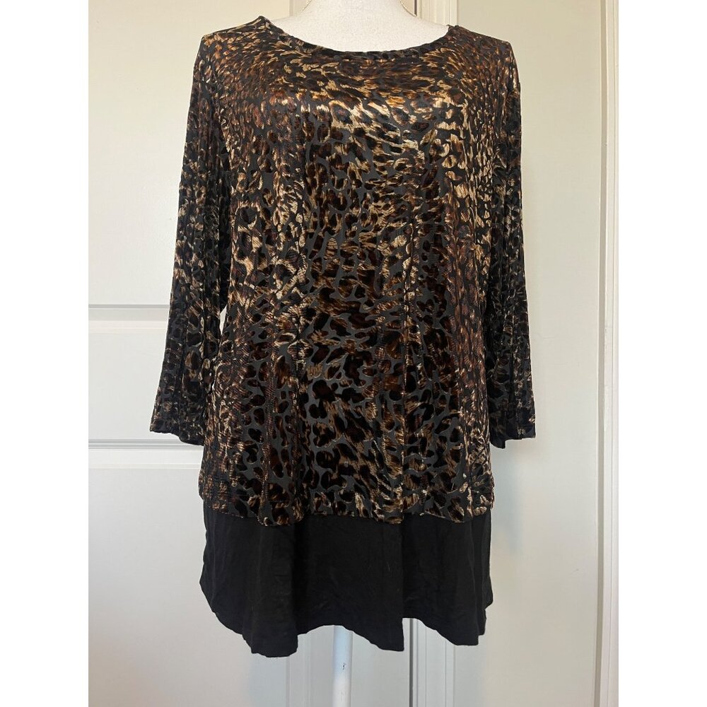Leopard Print Sheer Tunic Top Size XL Soft Stretch Hem Flow Shiny Animal Comfort